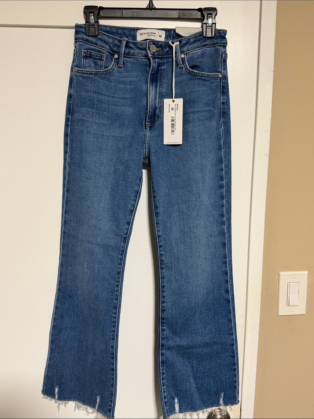 Just Black Denim Blue Cropped Flare with Distressed Hem